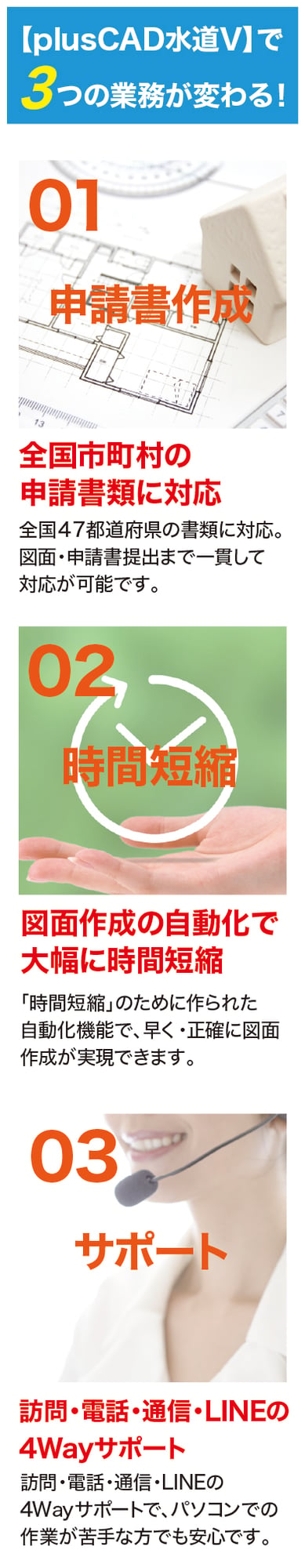 plusCAD水道Vで3つの業務が変わる！1.申請書作成、2.時間短縮、3.サポート