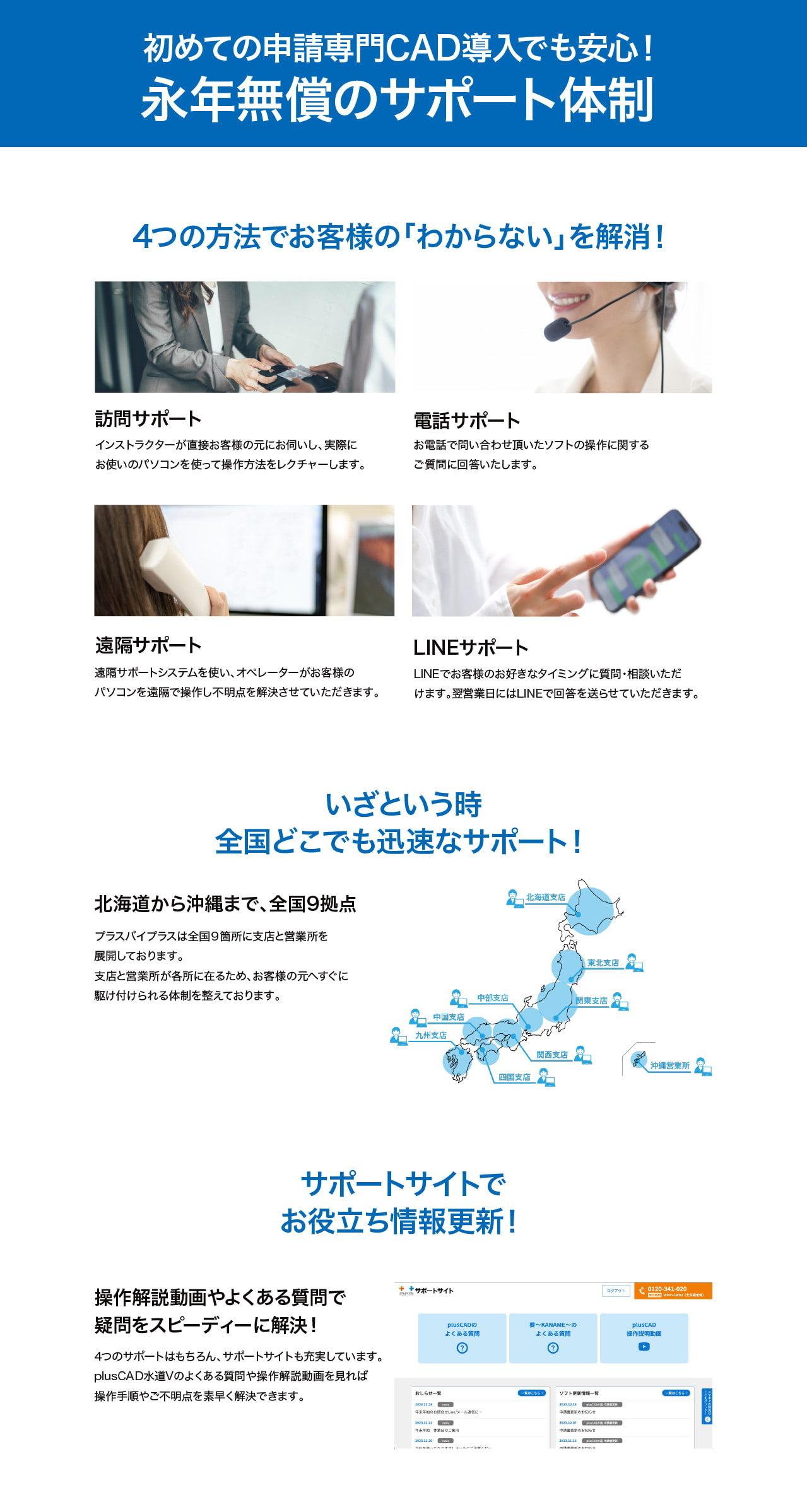 初めての申請専門CAD導入でも安心！永年無償のサポート体制！訪問・電話・遠隔通信・LINEでわからないを解消！　北は北海道から南は沖縄まで、全国9拠点から迅速にサポート！　サポートサイトのコンテンツも充実！