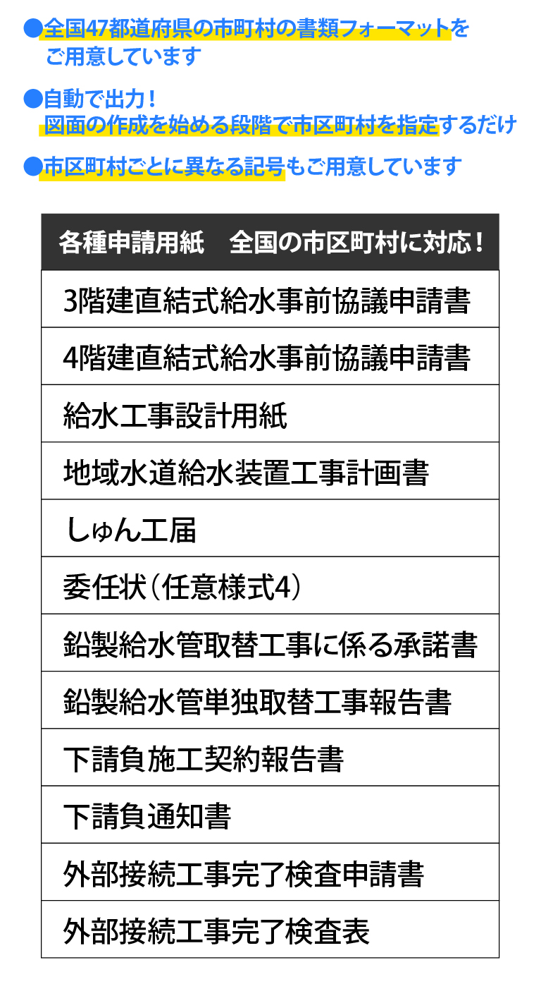 全国47都道府県の市町村の書類フォーマットに対応！自動で出力！図面の作成を始める段階で市区町村を指定するだけ！市区町村ごとに異なる記号もご用意しています！