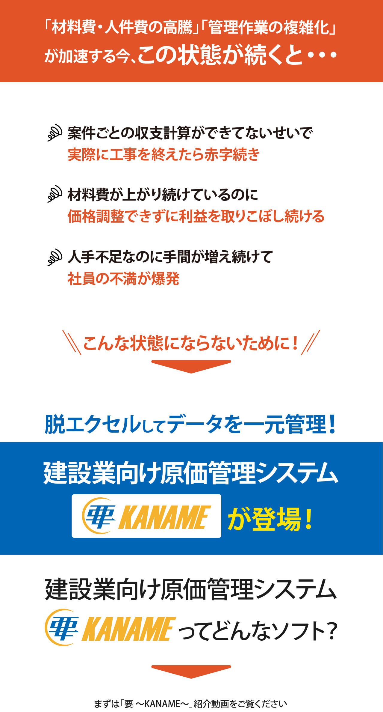 「材料費・人件費の高騰」「管理作業の複雑化」が加速する今、こんな状態が続くと、案件ごとに収支計算できてなくて実際に工事を終えたら赤字続き。材料費が上がり続けてるのに価格調整ができず利益を取りこぼし続ける。人手不足なのに手間が増え続けて社員の不満が爆発。こんな状態にならないために、脱エクセルしてデータを一元管理！建設業むけ原価管理システム「要 〜KANAME〜」をご紹介します！