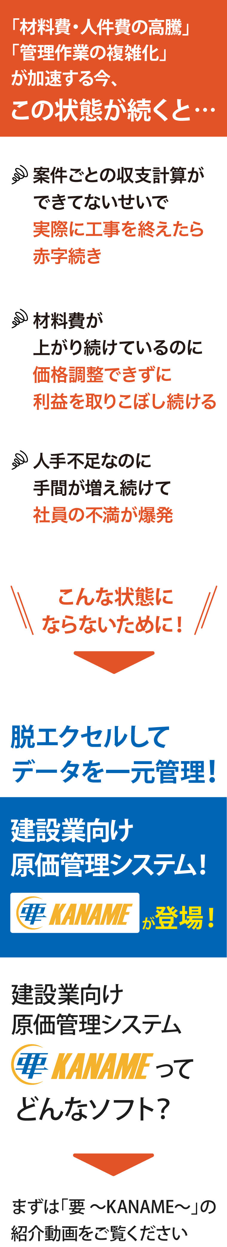 「材料費・人件費の高騰」「管理作業の複雑化」が加速する今、こんな状態が続くと、案件ごとに収支計算できてなくて実際に工事を終えたら赤字続き。材料費が上がり続けてるのに価格調整ができず利益を取りこぼし続ける。人手不足なのに手間が増え続けて社員の不満が爆発。こんな状態にならないために、脱エクセルしてデータを一元管理！建設業むけ原価管理システム「要 〜KANAME〜」をご紹介します！