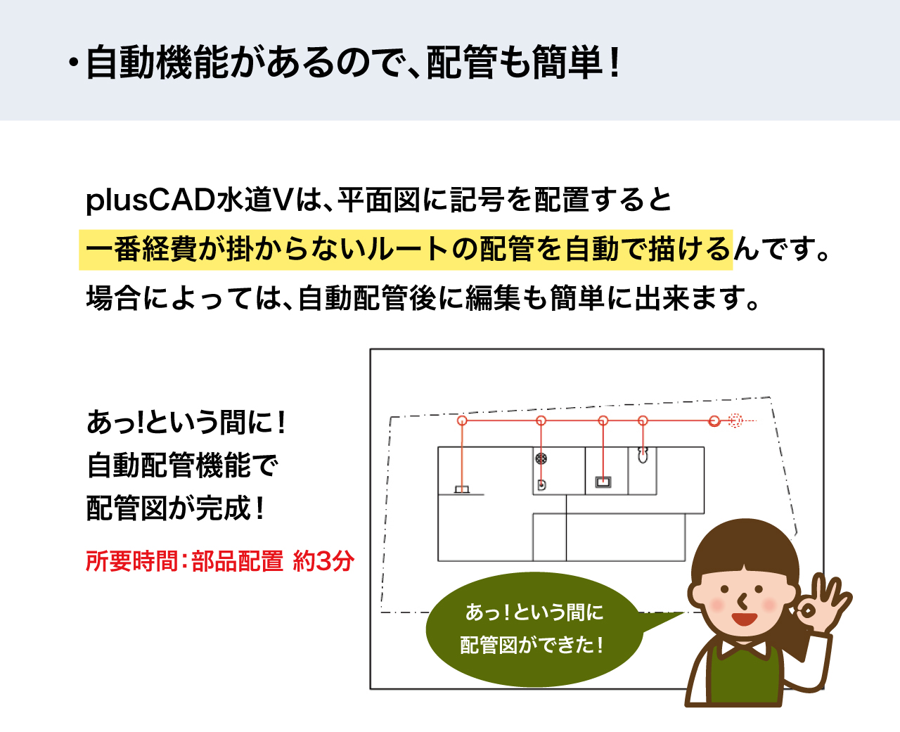 自動機能があるので配管も簡単！平面図に記号を配置すると一番経費が掛からないルートの配管を自動で描けるんです！