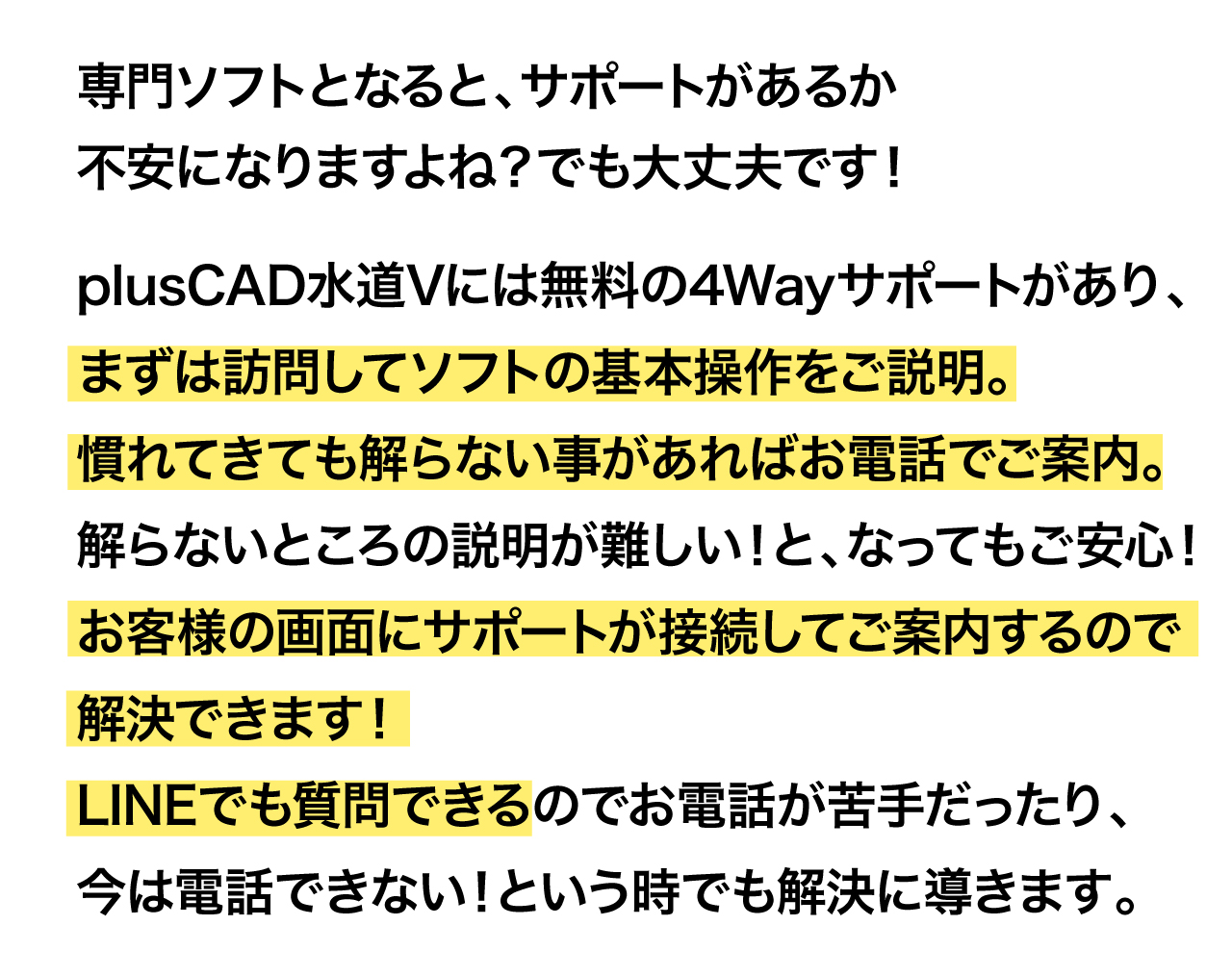 『専門ソフト』となるとサポートがあるのか不安になりますよね？plusCAD水道Vには①訪問②電話③遠隔④LINEの4Wayサポートで安心してご利用頂けます！