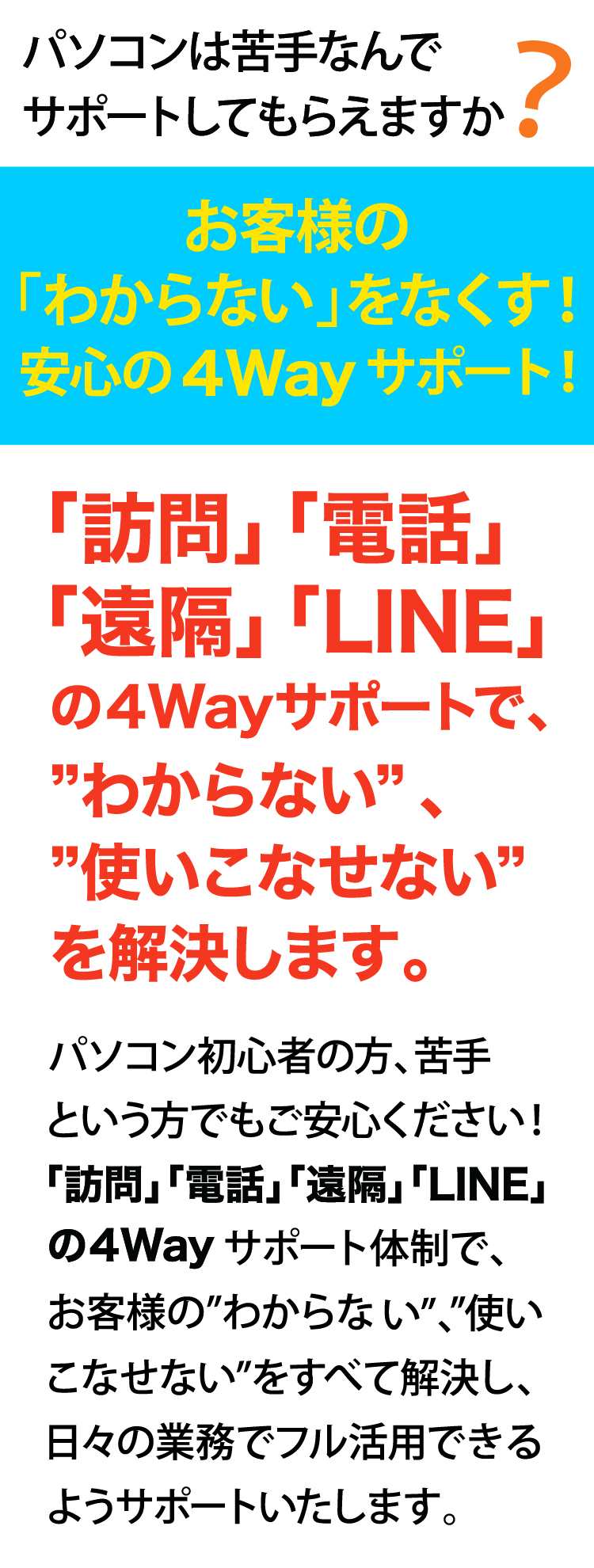 お客様の「わからない」をなくす安心の4wayサポート